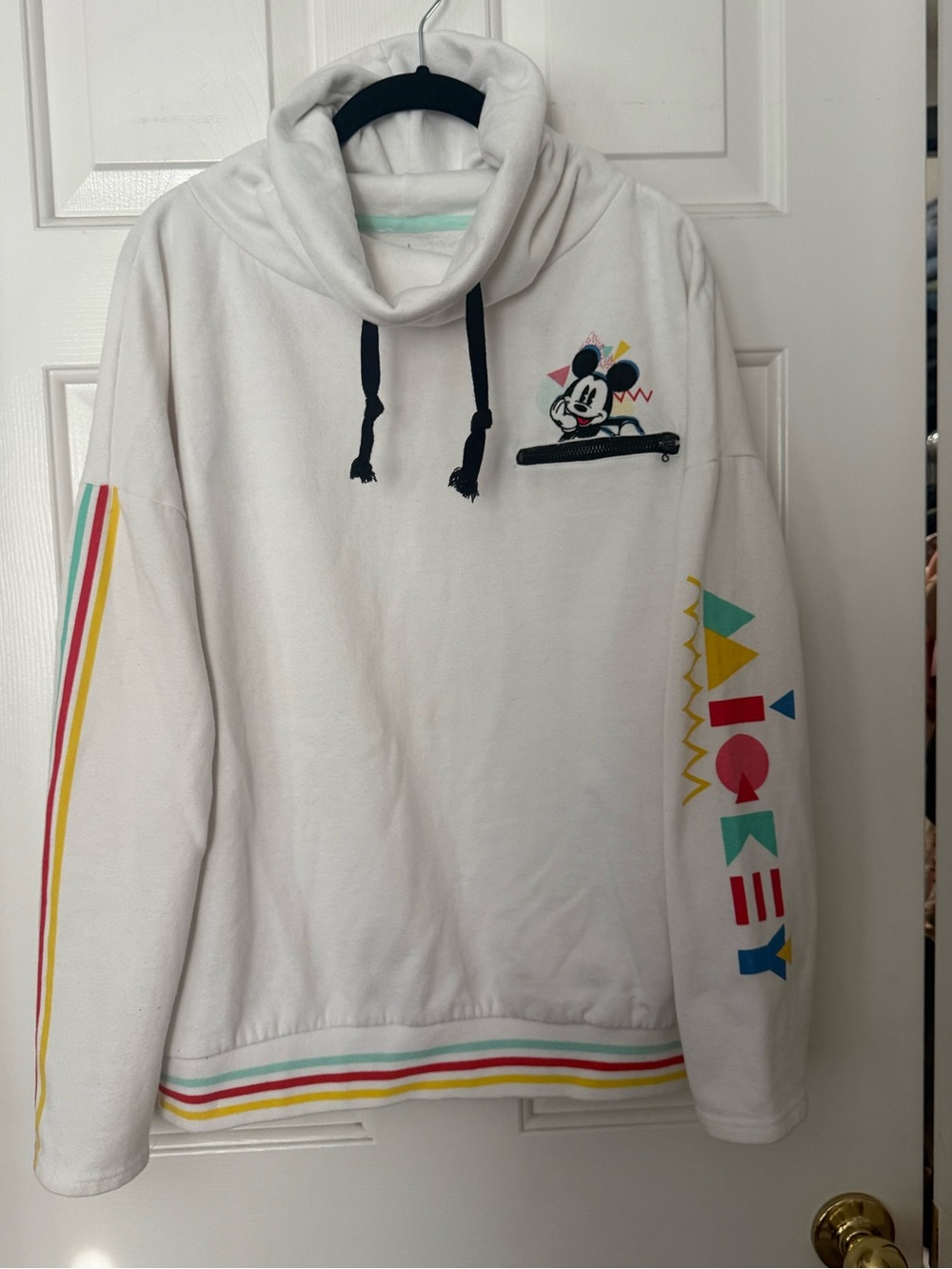Disney White Funnel Neck Mickey Pullover with Multicolor Stripes